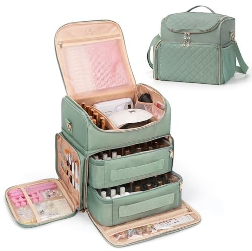 Extra Large Nail Polish Organizer Case Holds 86 to 100+ Bottles Nail Polish & Nail Lamp, Nail Supplies Storage Carrying Bag with 2 Removable Pouches, Portable Nail Tech Travel Box (Green, 86 Slots)