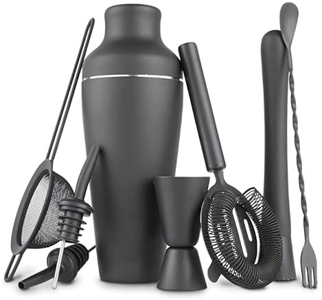 Cocktail Shaker Set,700ml Stainless Steel Cocktail Mixing Set With Shaker,Muddler,Mixing Spoona With Fork,Ice Strainer,Cocktail Strainer,Jigger And Two Pourers,8pcs Bartender Set For Drink Bar Black