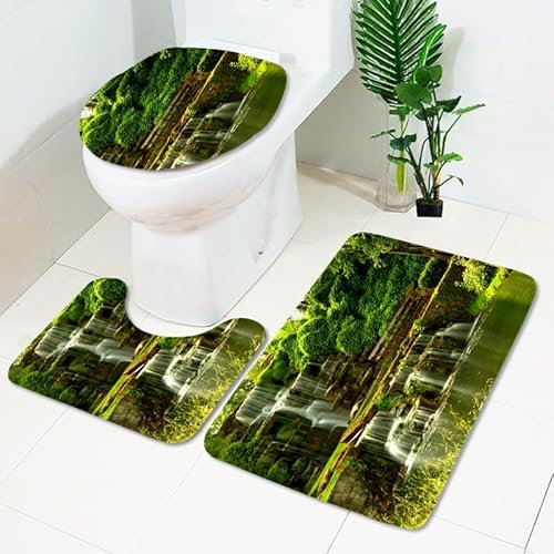 Badrumsmatta olivgrönt vattenfall WC matta med utsnitt WC lockskydd 3 delar WC matta halkfri badrumsset U-formad badmatta tvättbar badrumsmatta set 50 x 80 cm
