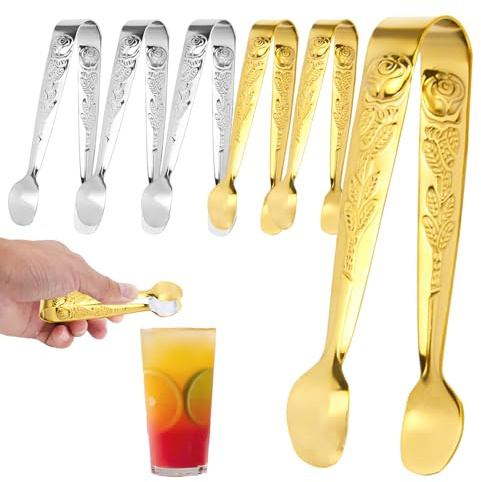STNRST-IN 6 PCS Mini Serving Tongs, 4.1Inch Stainless Steel Ice Tongs, Small Rose Sugar Cube Tong for Kitchen Bar Desserts Tea Coffee Party and Appetizers (Gold, Silver)