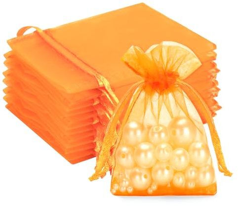 G2PLUS Orange Organza Gift Pouches, 7x9 CM Small Favour Bags, 50 PCS | Wedding Jewelry Bags, Clear Mesh Pouches Perfect for Wedding, Christmas, Birthday, Anniversary