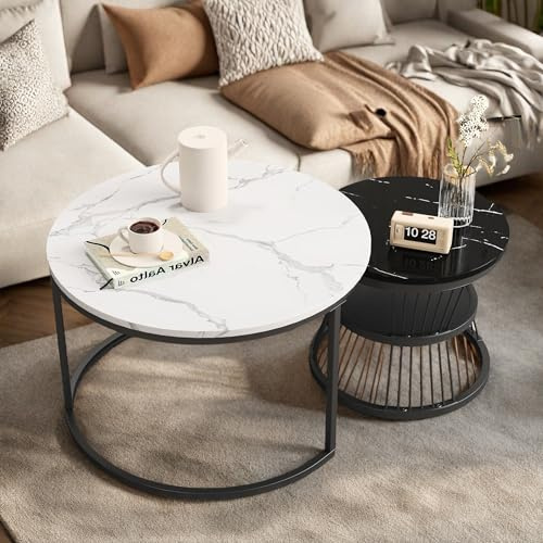SUNFECILI Modernt boende soffbord uppsättning om 2, runt vardagsrumsbord, marmorutseende MDF-platta med metallram, litet sidobord med förvaringsutrymme för vardagsrum, sovrum, balkong