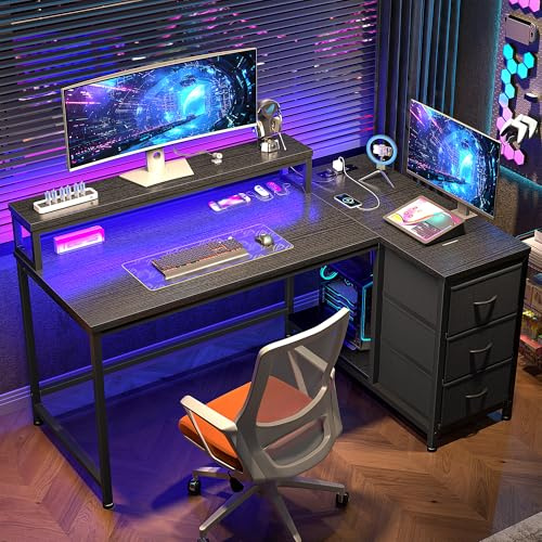 Cliporix L Shaped Gaming Desk, 120x80CM Sturdy Corner Computer Desk with Drawers and RGB Lights, Black Reversible Office Writing Study Table with Spacious Storage for Compact Room Home Office