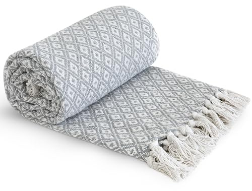 Emma Barclay Casablanca - Scandi Woven Recycled Cotton Chair Sofa Setee Bed Throw Over Blanket in Silver - 70x100 (178x254cm)