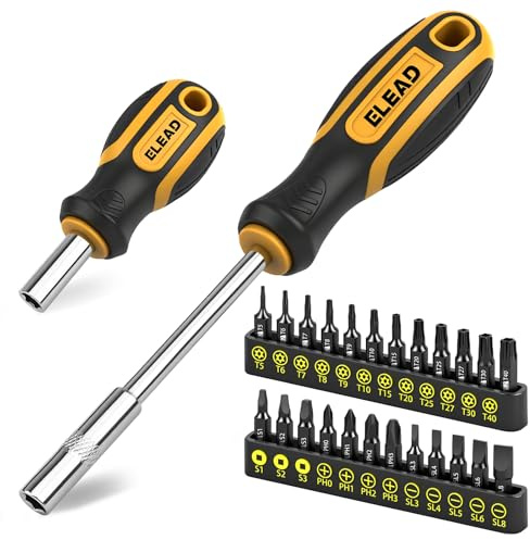26-Piece Magnetic Security Torx Screwdriver Bit Set - 1/4 inch Magnetic Bit Driver, T5-T40, Ergonomic Cushion Grip 95mm & 210mm Handles, Torx, Square, Phillips, Slotted Bits