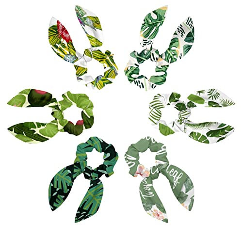 6PCS Hair Scarf Scruncheis for Women Girls, Ribbon Bow Elastic Hair Ties Bands Satin Hair Ribbon Scrunchy Ponytail Holder Accessories,Tropical Palm Leaves