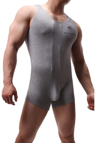 Juflam Herr modal bomull ett stycke bodysuit brottning singlet atletisk leotard underkläder gym sportkläder undertröja, GRÅ, M