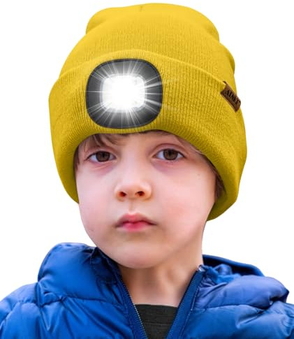 ATNKE Enfants LED Bonnet Lampe Frontale, USB Rechargeable 4 LED Chapeau de Course Ultra Lumineux Mains Libres Lumière Hiver Chaud Tricot Bonnet Cadeaux pour Garçons et Filles/Yellow