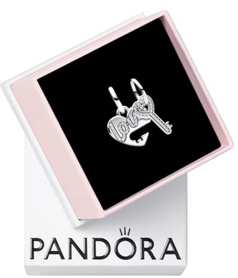PANDORA Moments Teilbarer Herz & Schlüssel Charm-Anhänger aus Sterling Silber, Zirkonia, Kompatibel Moments Armbänder, 793081C01
