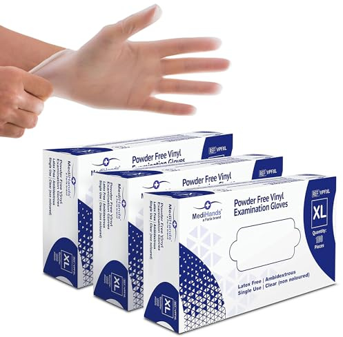 Farla Medical MediHands Clear Vinyl Gloves Extra Large Disposable Surgical Gloves, Powder Free Latex Free & Protein Free, Food, Multi Use, Pack of 300