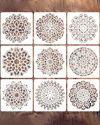 AORHOFJ 9 PCS Mandala Schablonen, Mandala Wandschablonen, Schablonen Zeichnen Set, für Scrapbooking Zeichnung Verfolgung DIY Möbel Boden Dekor Wände Fliesen Holz Stein Scrapbook Tagebuch Home