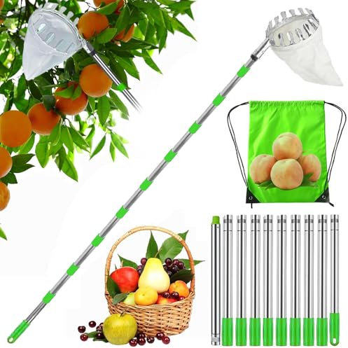 Fruit Picker, Apple Picker, Picking Aid 3.8 m, Fruit Grabber, Easy to Assemble, Cherry Picker with Lightweight Stainless Steel Extension Connection Rod and Cotton Bag, Diameter 16 cm