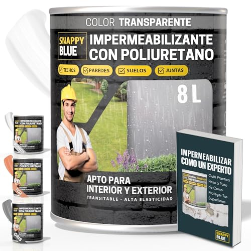 [8L] Revestimiento Sellador Impermeabilizante Híbrida con Poliuretano, Pintura Impermeable Definitivo Terrazas, Techos y Exteriores, Protección Fugas Goteras,+ 3 Colores (Transparente, 8l)