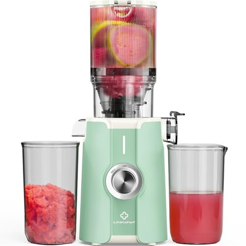 LINKChef Extractor de Zumos y Verduras, 115mm, 1.2L, Licuadora Frutas Verduras, 200W Slow Juicer Machine, Cold Press Juicer Prensado en Frio, Fácil Usar Montar, Sin BPA, Verde Claro