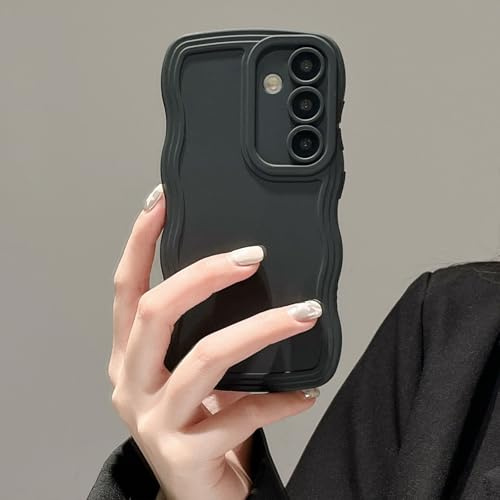 UEEBAI Wave Frame Case for Samsung Galaxy S25 5G, Cute Wave Frame Slim Fit Shockproof Phone Bumper Cover Soft Pretty Curly Wavy Case Anti-Scratch TPU Case - Black