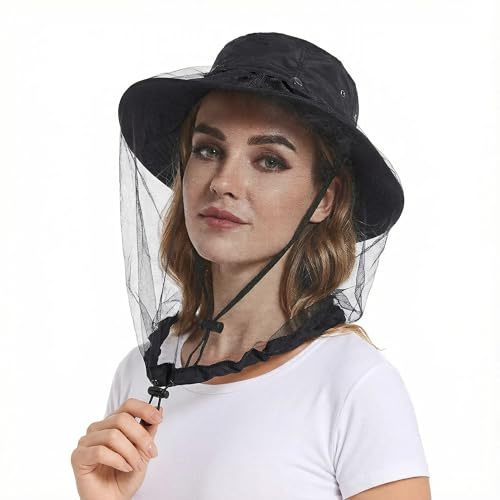Mosquito Sun Net Hat Cap - Foldable Bug Hat UPF 50+ Sun Protection with Hidden Netting for Summer Beekeeping Hiking Men Women, Army Green (UK, Alpha, One Size, M, Black)