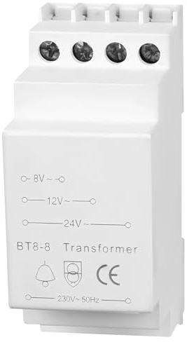 WIYETY Klingeltrafo Türklingel 8V 12V 24V: Transformator für Türklingel mit 8VA Maximalleistung, Niederspannungsausgänge, Passt auf Genormte Hutschiene (35 mm)