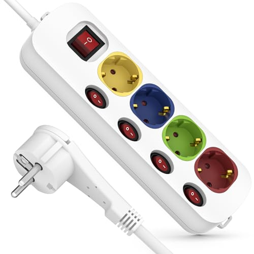 Steckdosenleiste 4-Fach，Steckdosenleiste einzeln schaltbar mit 5 m Verlängerungskabel, Mehrfachsteckdose mit Schalter und Kindersicherung für Wohnzimmer Schlafzimmer Küche Arbeitszimmer Büro