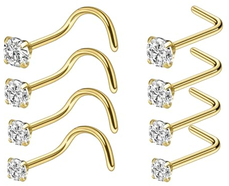 Watlikeup Gold Nose Piercing,8 PCS Stainless Steel Nose Stud,L Shaped Small Nose Piercing,Hypoallergenic Nose Piercing Jewellery,Nose Studs Gold for Women Men Unisex Tiny Gift(8 Sizes)