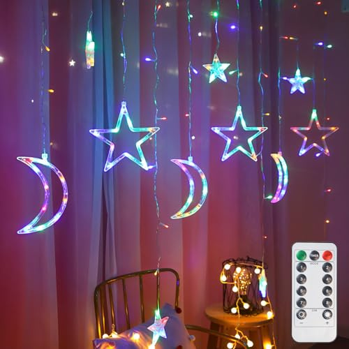 YAPJOY Led Curtain String Star Moon Light, 3.5m Star Curtain Lights Battery Operated, LED Window Lights with 8 Flashing Modes for Christmas, Halloween, Wedding, Party, Home, Terrace(Multi-Color)