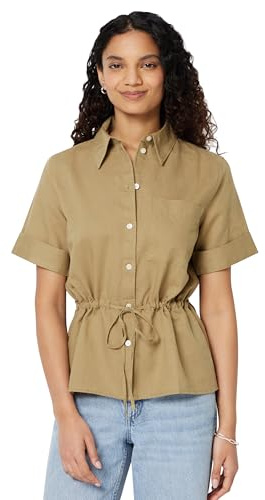 Amazon Essentials Camicia a Maniche Larghe e Regolabile in Vita, in Misto Lino, Vestibilità Comoda Donna, Tan, M