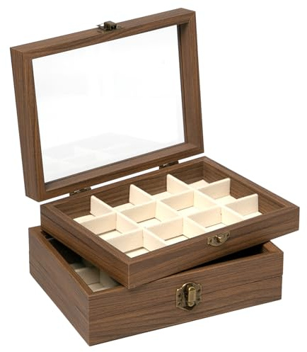Rebanky 2 Piezas Caja de Colección para Rocas de Madera Vitrina de Roca de 12 Rejilla Caja expositora de Madera y Cristal con Tapa de Vidrio Transparente para Rocas con Hebilla para Piedras, Fósiles
