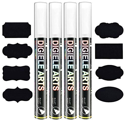 DIGIELE Kreidemarker, weiß, 6 mm, trocken und feucht abwischbar, wendbar, runde oder abgeschrägte Spitze, für Kreidetafel, Fenster, Glas und Spiegel, 4 Stifte + 16 Tafeletiketten