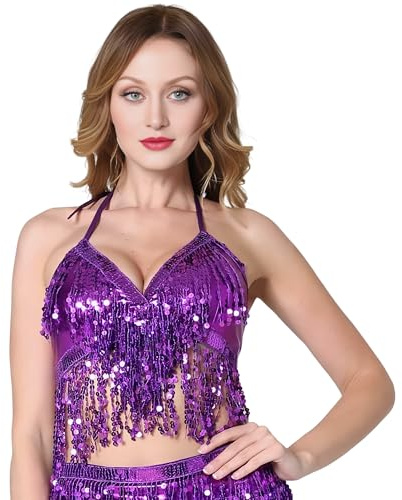 Baisdan Sequined Latin Belly Dance Bra Top Women Dance Costume Fringe Tassel Top Purple