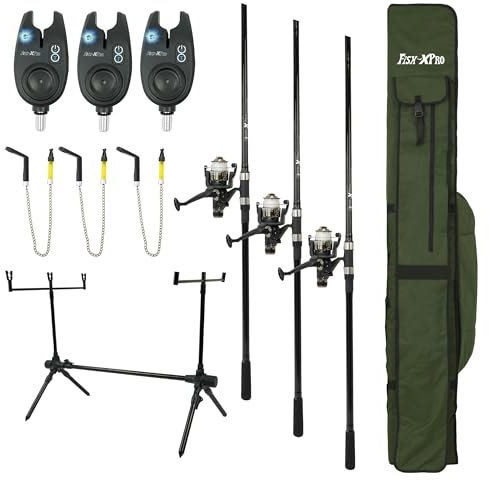 FISH-XPRO Komplettes 23-teiliges Karpfenset - 3 Karpfenruten - 3 Freilaufrollen inkl. Angelschnur - 3 Elektronische Bissanzeiger - 3 Swinger - 1 Rod Pod - 3 Heckstützen - 1 Reisetasche