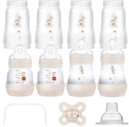 MAM Easy Start Self Sterilising Anti Colic Starter Set Unisex Newborn 0+ Bottle Set and Soother incl. Extra Small teats for breas tmilk, Newborn Essentials, Colour: Sand-Creme Beige Almond