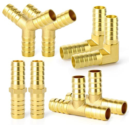GASHER 8-Piece 1/4 Inch Brass Hose Barb Set, 90 Degree L Right Angle Elbow, Y-Shape Air Hose Connector, Tee Hose Connector, Fuel/AIR/Water/Oil/Gas/WOG