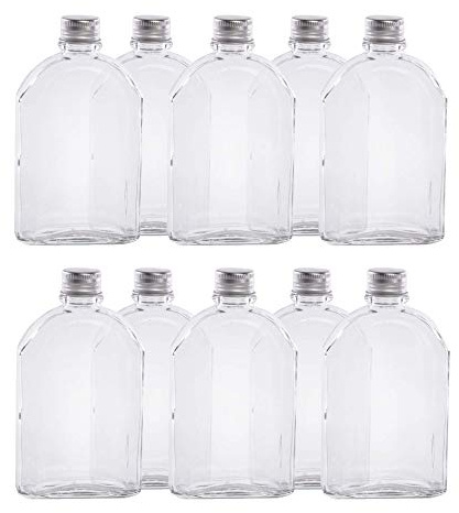 Pukkr Mini Glass Flask Bottles 200 ml – Pack of 10 Screw Cap Sample Bottle for Cocktails, Spirits, Oils, Flavours, Wedding Favours & Gift Sets – Airtight Thick Glass Bottles