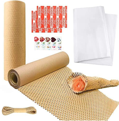 JJWNMLL Wabenpapier Verpackung, 30 cm x 30 m, umweltfreundliche Schutzverpackung mit 20 m Hanfseil und 20 Aufkleber-Etiketten, 20 weißes Seidenpapier