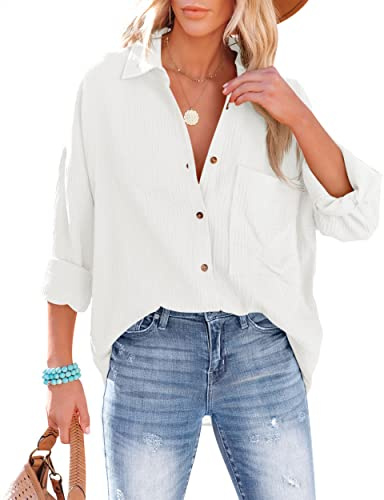 NONSAR Damblus, ledig skjorta med V-ringning, 100 % bomull, lös passform, solid, tjock topp, elegant med ficka, Vit, XXL