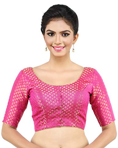 Madhu Fashion Women's Traditional Banaras Brocade Readymade Saree Blouse with Elbow Length Sleeves Pink 44