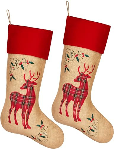 Brubaker 2X Calza di Natale da Riempire e Appendere - Calza di Babbo Natale Grande 52 cm in Juta - Calza Decorativa per Natale e San Nicola - Renna Rosso Quadretti