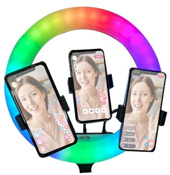 Raycool Aro de Luz LED Grande - RGB 14'' - Soporte para 3 Móviles - 17 Modos - Iluminación Multifuncional y Versátil para Capturar Planos Únicos en Vivo