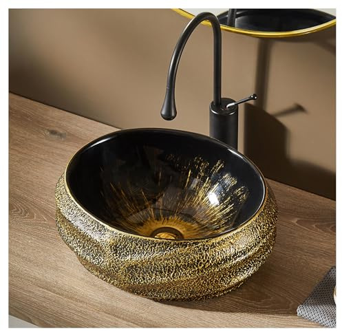 MEJE 45 x 40 x 16,5 cm Lavabo artificiel, Ovale, Surface en relief, Doré vintage, Lavabo de plan de travail, Céramique (y compris évacuation pop-up)