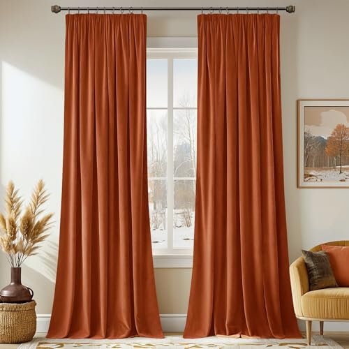 MIULEE Samtvorhang mit Kräuselband 2er Set 140X225 cm, Schöne Dicke und Schwere Wohnzimmer Schlafzimmer Deko Blickdichte Vorhänge, Orange-rot Samt Gardinen Verdunkelung Thermovorhang Samt kräuselband