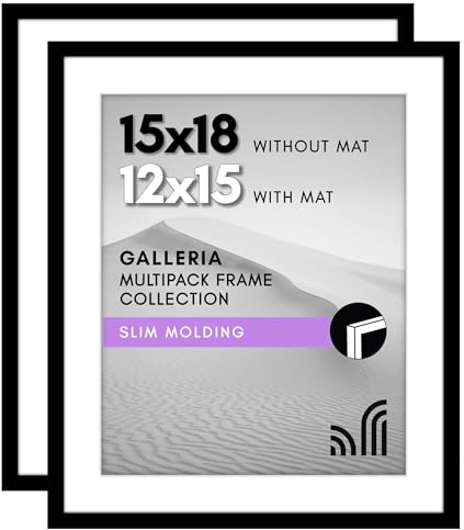 Americanflat 15x18 Picture Frame with Polished Plexiglass - Set of 2 - Use as 12x15 Frame with Mat or 15x18 Frame Without Mat - Galleria Collection - Gallery Wall Frame Set for Wall Display - Black