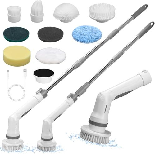 SOBEAU Cepillo De Limpieza Electric, Electrico Limpieza Hogar con 9 Cabezales de Cepillo de Repuesto, Cepillo Limpieza Electrico Mango Ajustable 2 Velocidades para Baño, Coche, Cocina,Suelo