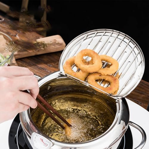 1 freidora de cocina, olla de acero inoxidable con tapa, estante de goteo de aceite de cocina con termómetro (201 + 24 cm)