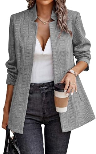 ELLEVEN Blazers for Women Business Casual Open Front Suit Jacket Herringbone Long Sleeve Stand Collar Work Blazer for Office with Full Lining and Padded Shoulders Light Grey Medium