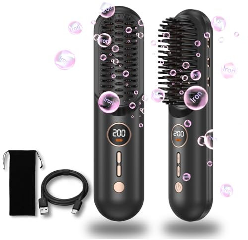 UKLISS Glättbürste Kabellos, Haarglätter Bürste, 9000 mAh Verbesserte Tragbare Mini Glätteisen Pro für Unterwegs, Glättungsbürste Negativ-Ionen-Heißkamm, Kabellose Glätteisen für Frauen, USB Schwarz