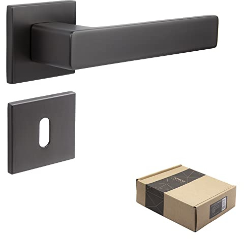 APECS Dörrhandtag innerdörrar modernt dörrhandtag för ytterdörr och innerdörr med fyrkantiga rosetter dörrhandtag grafit matt handtag set med fästmaterial dörrbeslag modell REGULUS BB – färgskägg