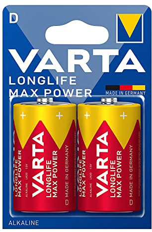 Batteria D LR20 Long Life con capacità massima, dimensioni Ø34,2 x 61,5 mm, ideale per dispositivi ad alto consumo energetico.