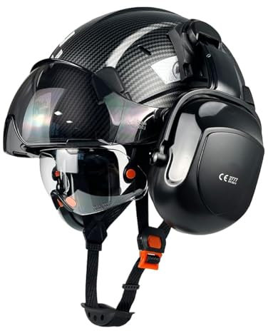 Casque de sécurité industrielle avec double visière, protège-oreilles, protection de la tête en fibre de carbone ABS ventilée pour casques de chantier industriels, protection de la tête (noir)