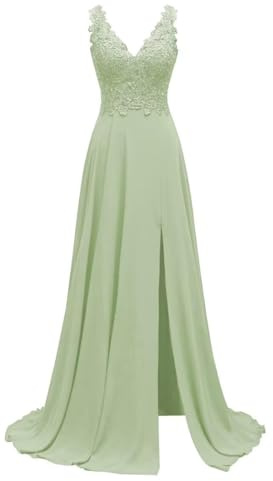 KURFACE Robe de mère de mariée en dentelle et mousseline pour mariage, sans manches, longue, robe formelle pour demoiselle d'honneur, Vert sauge, 42