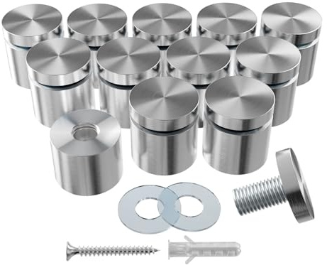 LEDONGUS 12-Pack Stainless Steel Standoff Screws with Wall Anchors & Rubber Pads – Sign Mounting Hardware for Acrylic Signs, Photo Frames, Advertising Boards, Silver (1 x 1 / 25mm x 25mm)