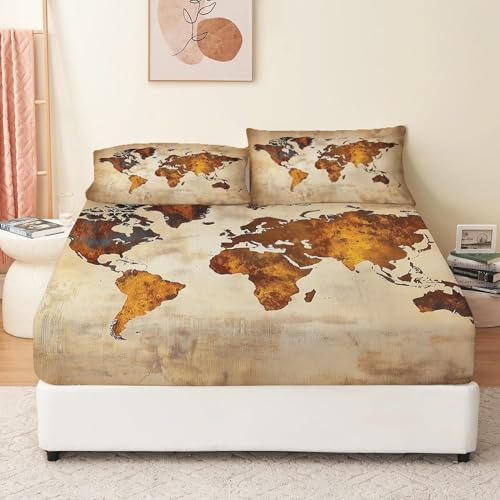 Spannbettlaken 90 X 200 Cmerkundung Der Vintage-Karte Muster Spannbetttuch Braun Beige Microfaser Weich Bunt Bettlaken Für Erwachsene Kinder Damen Für Bis 30Cm Matraze